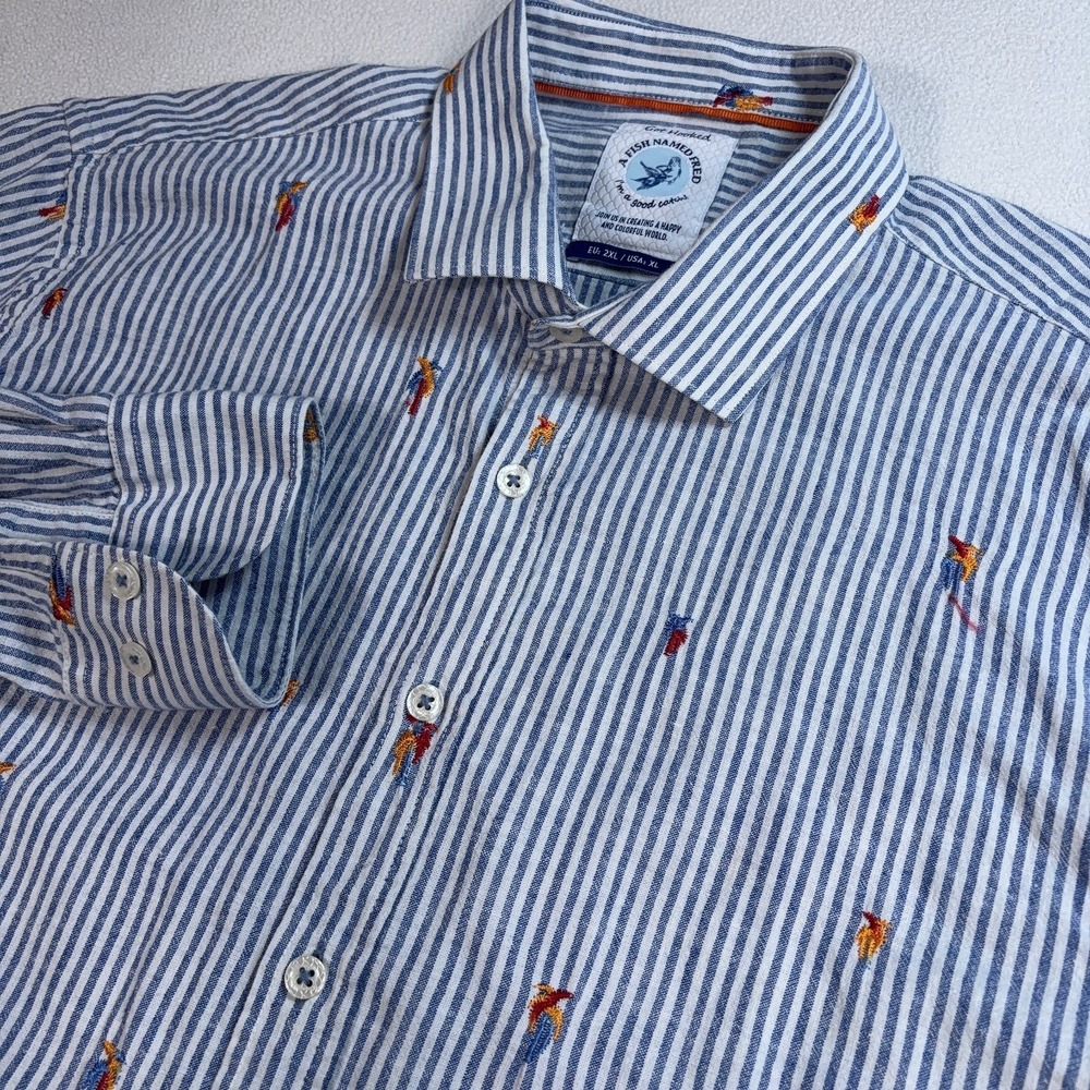 A Fish Named Fred Cotton-Linen Shirt Men's 2XL Blue Stripe Palm Tree Embroidery